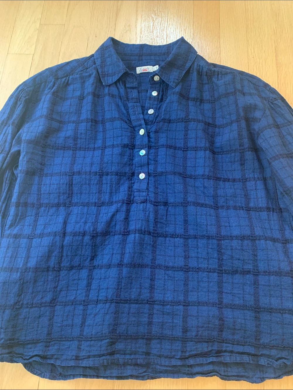 Faherty Olli Organic Cotton Indigo Dyed  Windowpane Henley Shirt Navy Blue Small - Picture 3 of 9